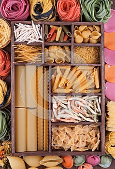 Large set of various Italian pasta and multicolor