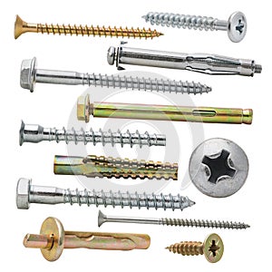 Large set of various screws, bolts and dowels isolated on a white background