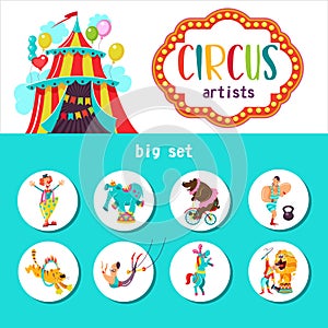 Large set of vector cliparts circus artists and trained animals. Vector illustration.