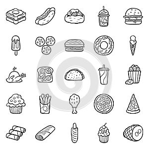 A large set of vector icons of fast food in a flat style outline, which depicts hot dog, sausage, pizza, burger, chicken grill,
