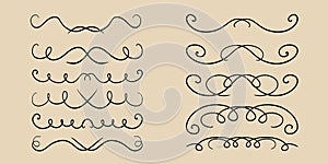 A large set of vintage symmetrical vector dividers with curlicues, hand-drawn with a black line