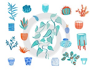 Large set with watercolor indoor plants in orange and blue colors