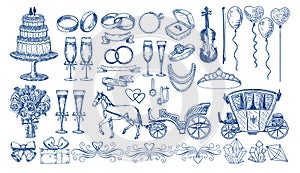 Large set of wedding elements. Sketch style. Wedding cake, wedding rings, wedding carriage with a horse. Vignettes for