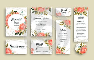 Large set of wedding stationery with pink roses including different cards. RSVP, Thank You, Menu, Reception details