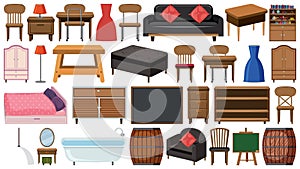 Large set of wooden furnitures on white background