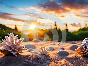 large shells and corals close-up on the shore of a sunny beach