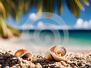 large shells and corals close-up on the shore of a sunny beach