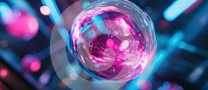 A large, shiny, pink orb with a swirling, nebula-like pattern inside hangs in front of a blue, glowing background photo