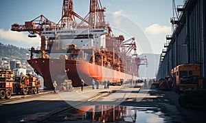 Large Ship Docked at Busy Commercial Dockyard