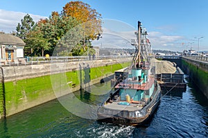 Large Ship leaving the locks Din Seattle