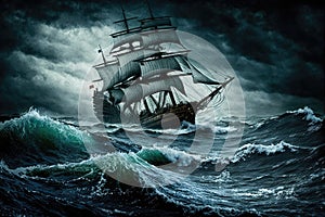 large ship on rough sea sailing in a storm