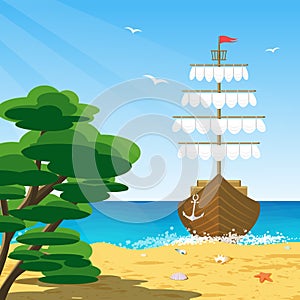 Large ship sail ocean sunny landscape beach flat