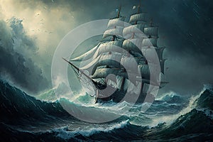 large ship sailing through rough sea in storm