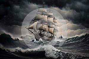 large ship sailing through rough sea in storm