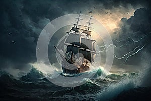 large ship sailing in a storm against background of raging sea and lightning