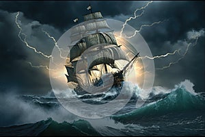 large ship sailing in a storm against background of raging sea and lightning