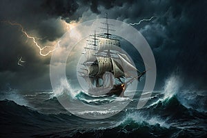 large ship sailing in a storm against background of raging sea and lightning