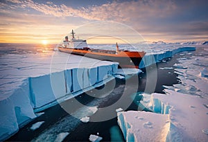 Large ship stuck in ice of northern icy sea