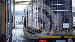 A large shipment of completed solar panels being loaded onto a truck for distribution to various locations. .