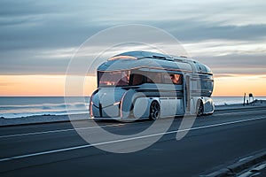 a large silver motorhome driving down the highway at sunset in a remote location