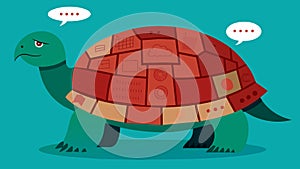 A large slowmoving turtle with a shell covered in fearering quotes and messages representing the slow but steady impact