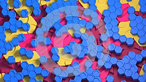 Large and small hexes form a cool abstract background. Red and blue colors look great. 3d render.