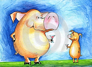 Large and small pig with glasses