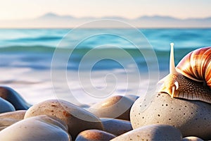 A large snail with a beautiful brown shell on the rocks against the backdrop of the sea on a sunny day