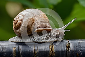 Large snail explores iron profile, showcasing slow, deliberate movement