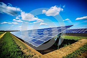 A large solar panel field with a clear blue sky