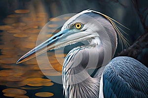 large solitary heron with beautiful blue eyes frequents lake