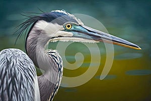 large solitary heron with beautiful blue eyes frequents lake