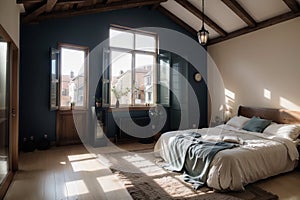 Large spacious loft room in dark colors in the rays of sunlight with big window. free lay-out.