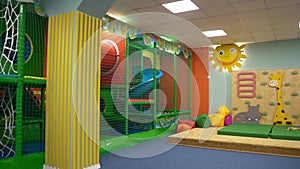 Large, spacious, new children's room with a lot of toys. Wide view