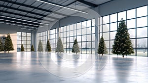 Large spacious room with Christmas trees