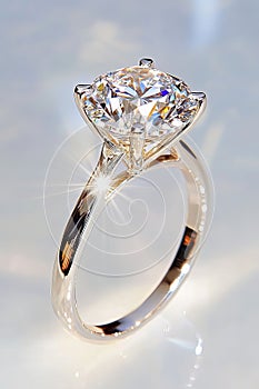 Large sparkling diamond ring on white background reflecting light
