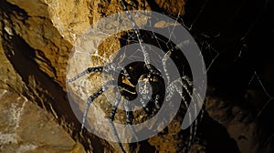 Large spider in cave, web, dark, rocky