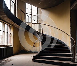 Large spiral staircase in an abandoned complex. Generative AI