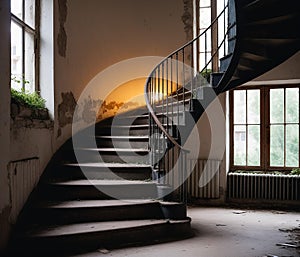Large spiral staircase in an abandoned complex. Generative AI