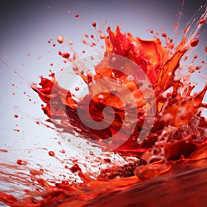 large Splash of satiny red paint and many tiny drops with speed blur on a gradient background