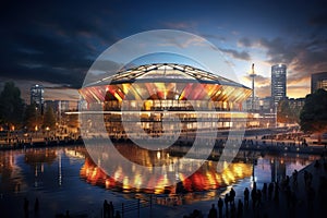Large sports stadium in the city near the water. Dark sky with clouds over the stadium. Sports competition concept