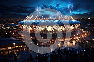 Large sports stadium. Dark sky with clouds over the stadium. Sports competition concept. Created by artificial