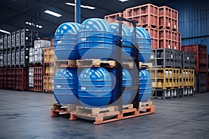 A large stack of blue barrels in the warehouse storage. AI Generated