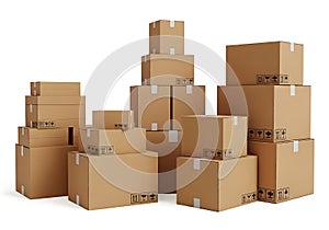 A large stack of cardboard moving boxes isolated on white background