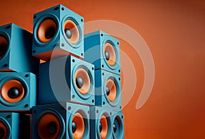 A large stack of colourful orange and blue music audio speakers. Generative ai