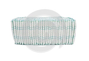 A large stack of comfortable baby diapers that protect against leakage, lightness and freshness, close-up, isolate