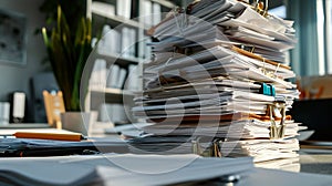 A large stack of documents against the background of a modern office. Annual reporting. Concept The need to digitize