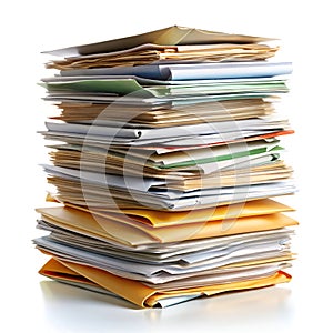 Large Stack of Documents Files Papers Office Work White Background