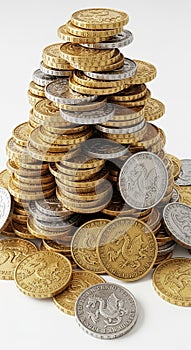 A large stack of gold and silver coins is arranged in a pyramid shape. The coins