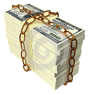 Large stack of money wrapped chain isolated on transparent png